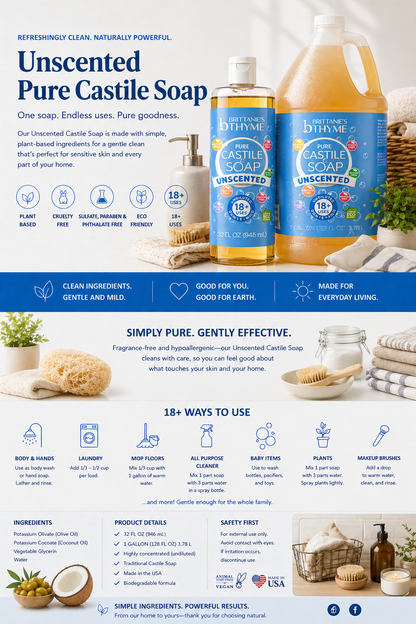 Pure Castile Hand and Body Soap Unscented